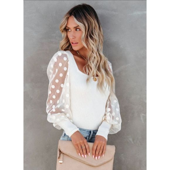 🔥 POLKA DOT • LONG SLEEVE KNIT TOP - IVORY - XL🔥 - Picture 7 of 10